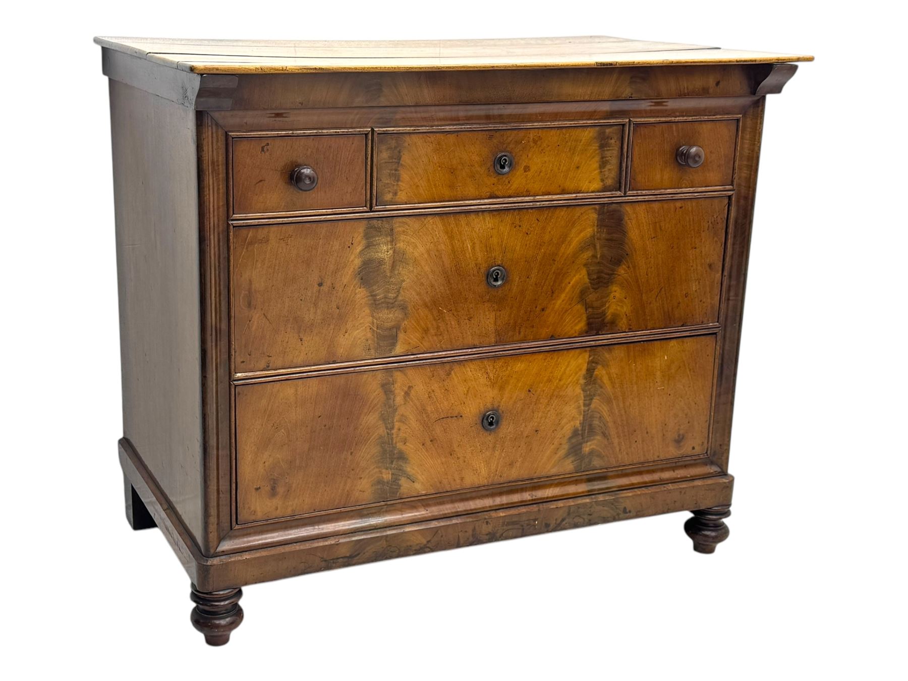 19th century French figured mahogany and walnut chest, rectangular top over three short and two long drawers, on turned feet