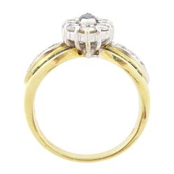 18ct gold sapphire and diamond cluster marquise shaped ring, single marquise cut sapphire, surrounded by ten round brilliant cut diamonds, each shoulder set with three round brilliant cut diamonds and ten calibre cut sapphires, hallmarked, total diamond weight approx 0.90 carat