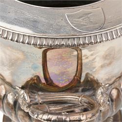 Pair of Edwardian silver plated wine coolers of campana form with twin handles and shield shape cartouches, inscribed 'Cowes Regatta 1907' H23cm