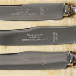 Cased set of twelve silver coffee spoons with bead knop terminals Birmingham 1910 Maker S W Smith & Co and two cases, each containing six silver handled pastry knives