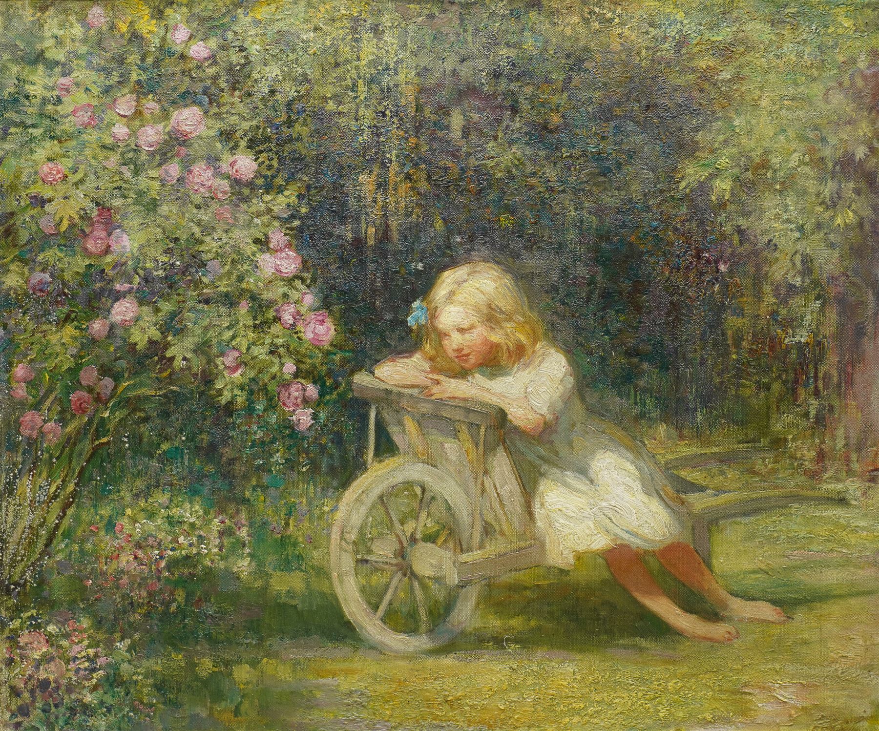Alfred John Billinghurst: (British 1880-1963): 'Girl in a Barrow', oil on canvas unsigned, painted with a portrait of a girl reading painted verso 50cm x 60cm
Provenance: with 20th Century Gallery, London