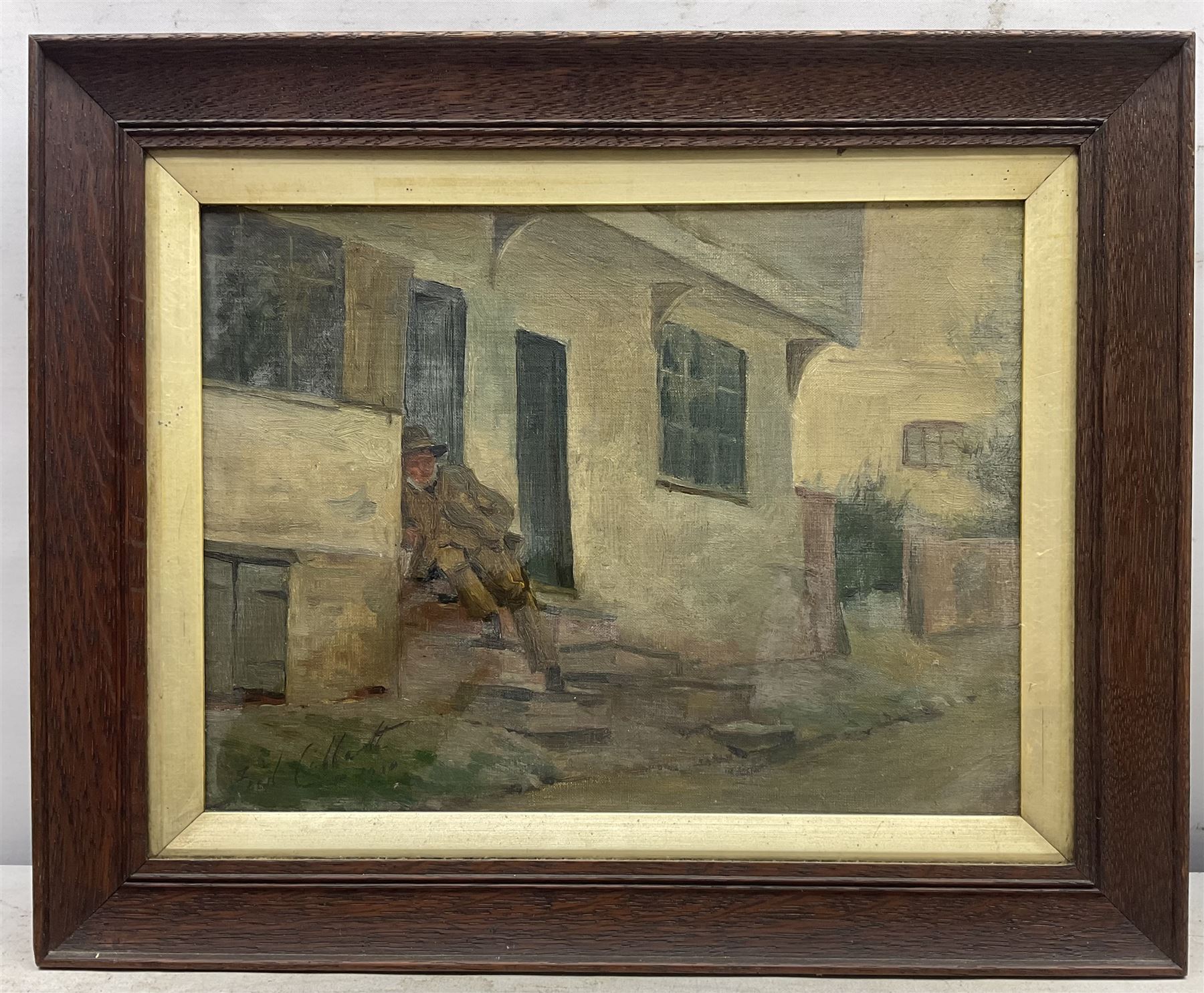 Frederick Thomas Callcott (British 1853-1923): Gentleman in a Doorway, oil on canvas indistinctly signed 22cm x 30cm; Cattle Watering, 19th century watercolour unsigned 24cm x 29cm (2) 