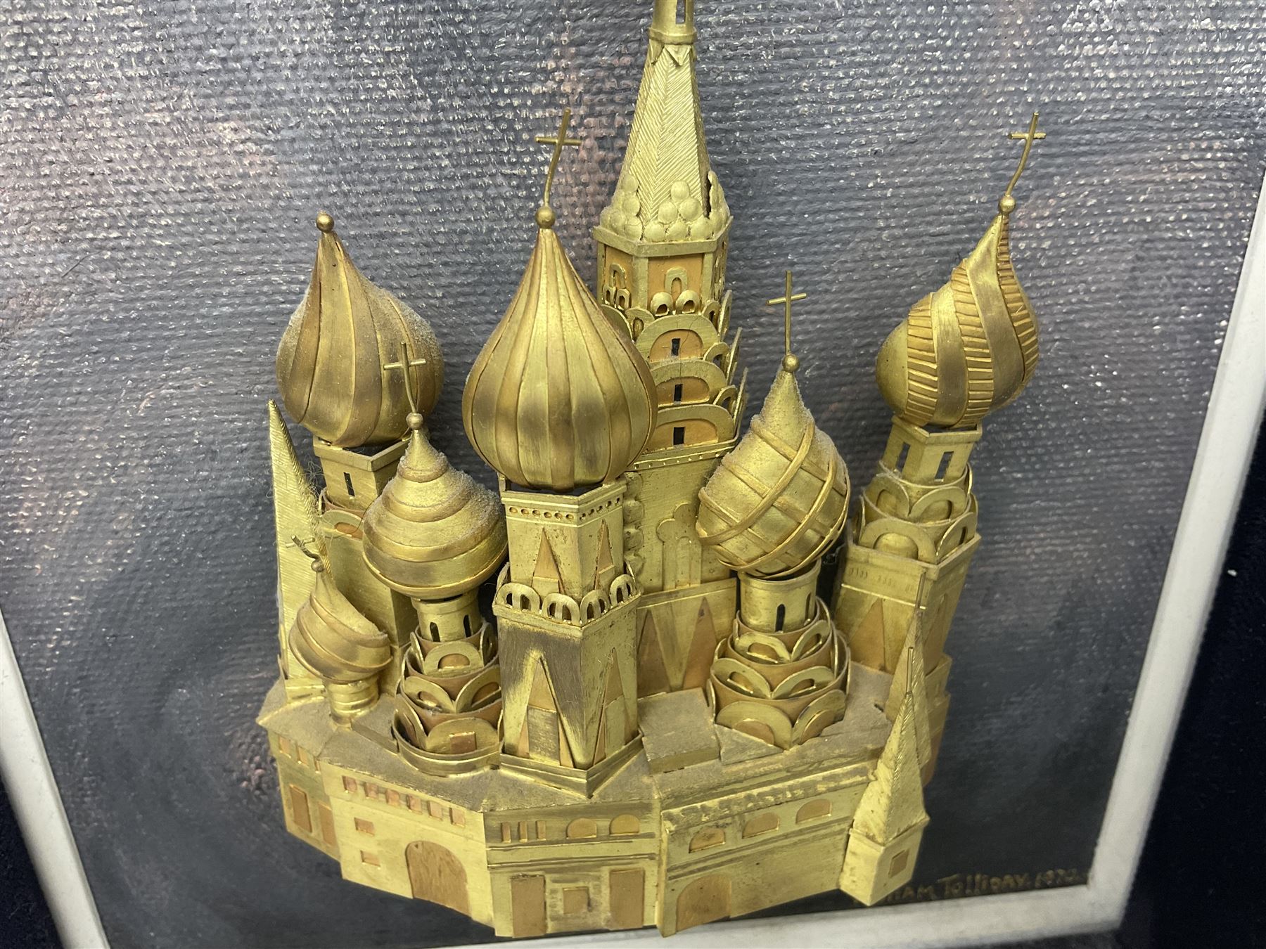 William Tolliday yellow metal study of a Russian Church, upon painted background within velvet and gilt wood frame, signed and dated to corner, H31cm
