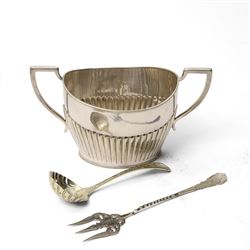 Silver plated items including chafing dish with revolving cover, circular salver, small hip flask, snuffing scissors, milk jug, sugar bowl etc