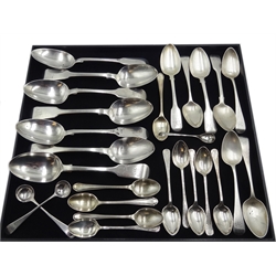  Six Victorian silver dessert spoons by Charles Boyton, London 1858, one other and collections of William VI and later silver teaspoons, hallmarked approx 18.5oz  
