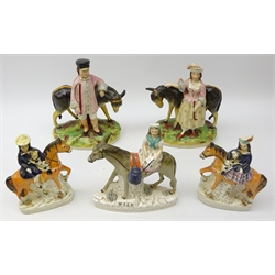  19th century Staffordshire 'Milk' group of a milkmaid riding a Donkey, L19cm, pair Staffordshire Scottish figures on Horseback and Boy and Girl, each stood in front of a donkey (5) Provenance: From a Private Yorkshire Collector  