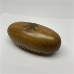 Small sycamore oval box, the hinged lid etched and coloured in the Napoleonic style with shrimps within decorative borders L11cm