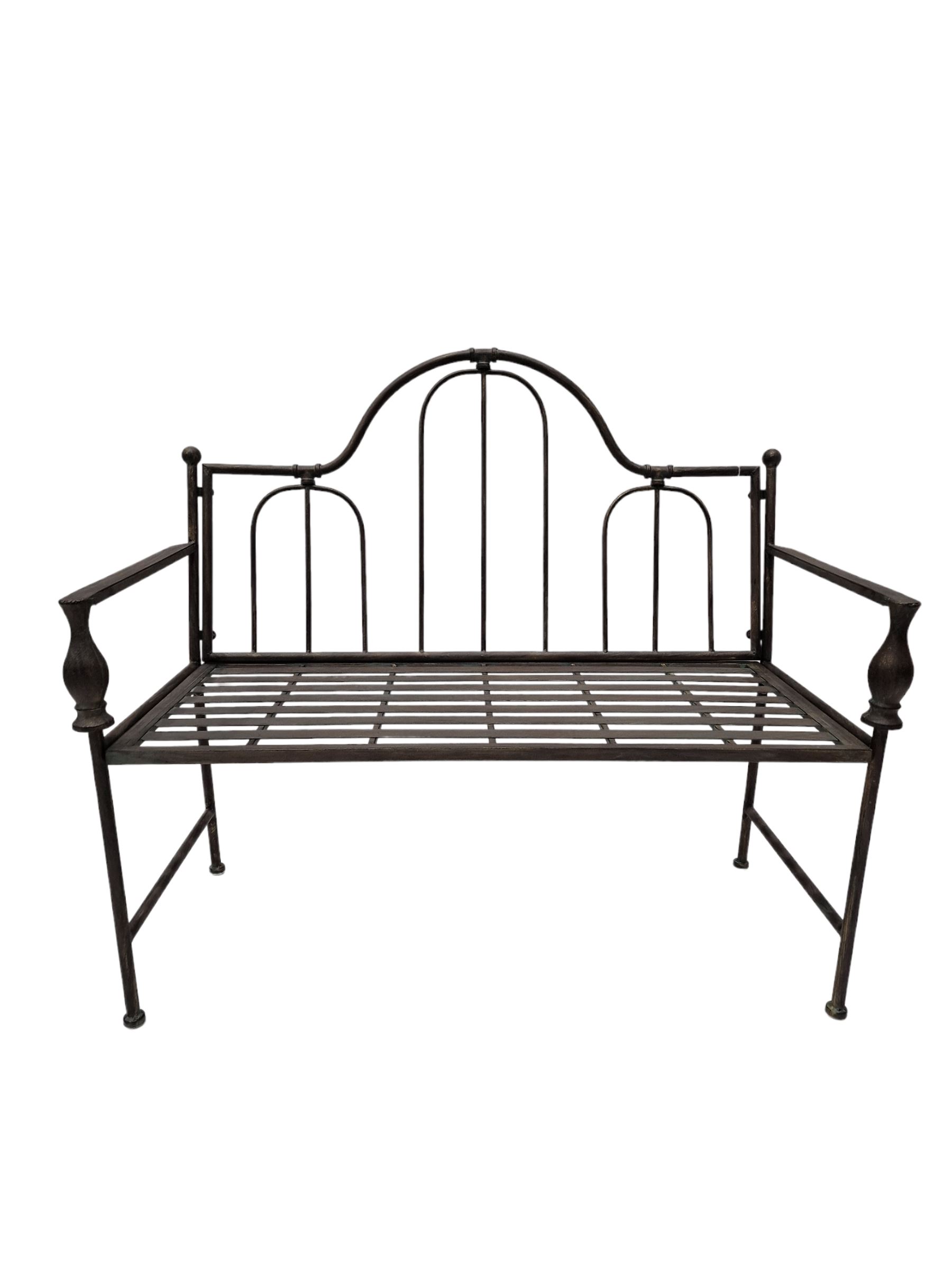 Wrought metal central arch shaped back garden bench in dark metallic finish - THIS LOT IS TO BE COLLECTED BY APPOINTMENT FROM DUGGLEBY STORAGE, GREAT HILL, EASTFIELD, SCARBOROUGH, YO11 3TX