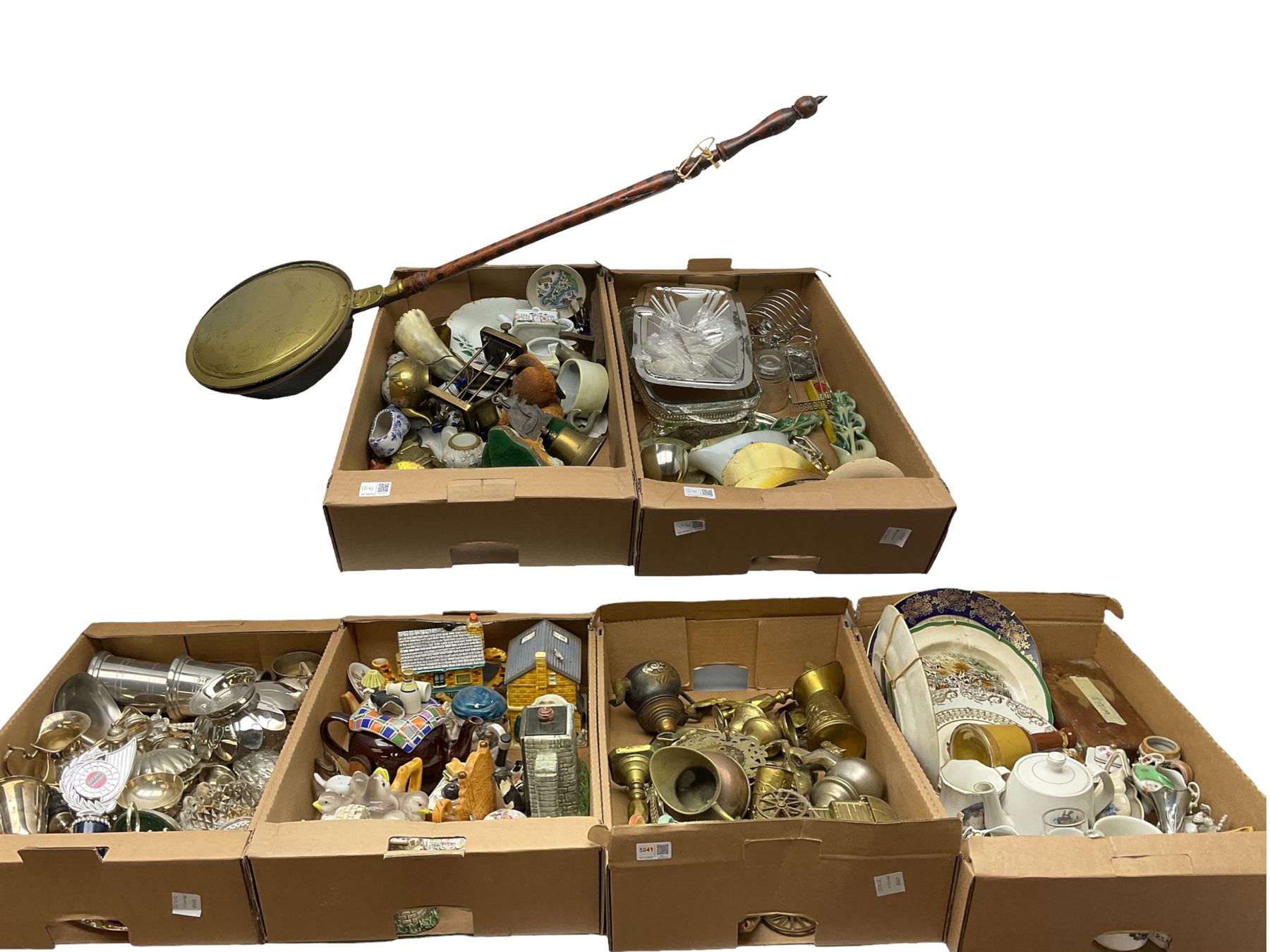 Large quantity of various ceramics to include Spode and Limoges, silver-plated and other metalware, brass, bed pan, glass ware, novelty teapots etc, in six boxes