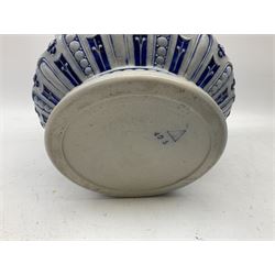 Three jardinières comprising West German Gerz example decorated in relief, Doulton Slaters example with frilled everted rim and a majolica example, and a further two Arthur Wood majolica jugs (5)