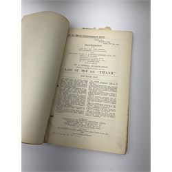 White Star line SS 'Titanic' - Proceedings Before The Right Hon. Lord Mersey, with Rear Admiral The Hon. S.A. Gough-Calthorpe C.V.O., R.N., et al. On a formal investigation ordered by the Board of Trade into the loss of the SS 'Titanic'. In the Wreck Commissioner's Court May/June 1912. Published by HMSO London. Unbound with hand written paper cover titled 'Evidence Given At 'Titanic' Inquiry 1st to 18th days. Incomplete - missing days 1 to 4 in list of witnesses, day 18 missing pp.503-506, appendix inserted between days 17 and 18. A rare and interesting part copy of the proceedings with unique annotations in many page margins. The first day title page is named in ink 'Mrs. Robinson', presumably Mrs. Annie Robinson First Class Stewardess and survivor, whose examination was on the eleventh day and which is partly highlighted in red pencil. The first eleven days also contain various pencil marginalia, hand unknown, together with a pencil cross-section drawing of the ship, with references to the pre-voyage fire and the engineers. The title pages of the twelfth day to the eighteenth day are all named in ink 'Mr. Boyle', referring to Alexander Boyle, with the twelfth day also bearing his professional stamp as 'Engineer Surveyor In Chief 23rd May 1912 Board of Trade'. No marginalia is found on days 12 to 18.
