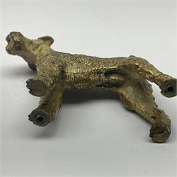 Cold painted bronze model of a seated fox, together with similar standing terrier, fox H5cm