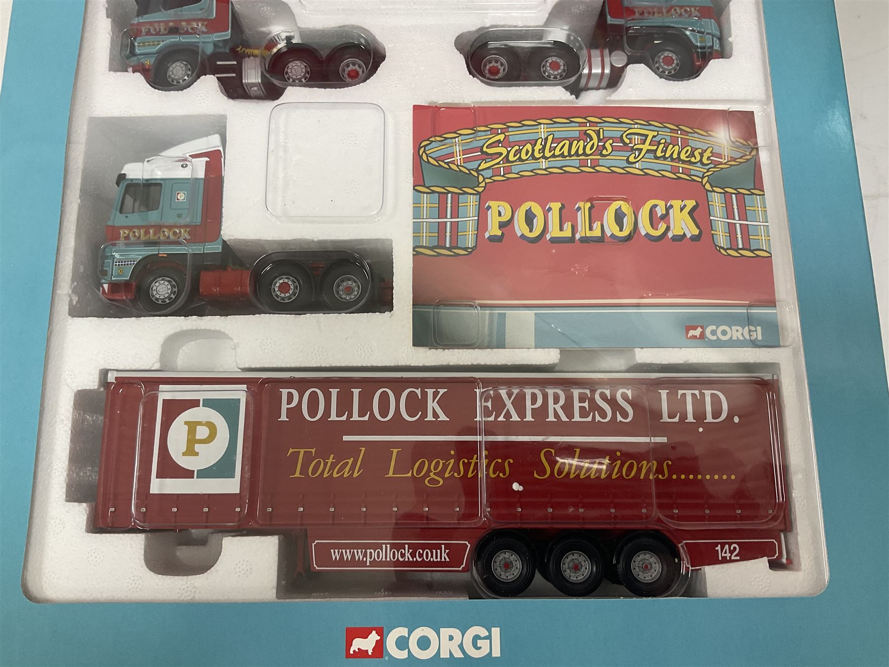 Corgi - two limited edition 1:50 scale heavy haulage vehicle sets comprising CC99129 Norfolk Line with DAF XF Super Space Cab, Curtainside Trailer, Fridge Trailer and History Booklet; and CC99130 Pollock (Scotrans) Ltd. Musselburgh with three fleet tractor units, curtainside trailer and History Booklet; both boxed (2)