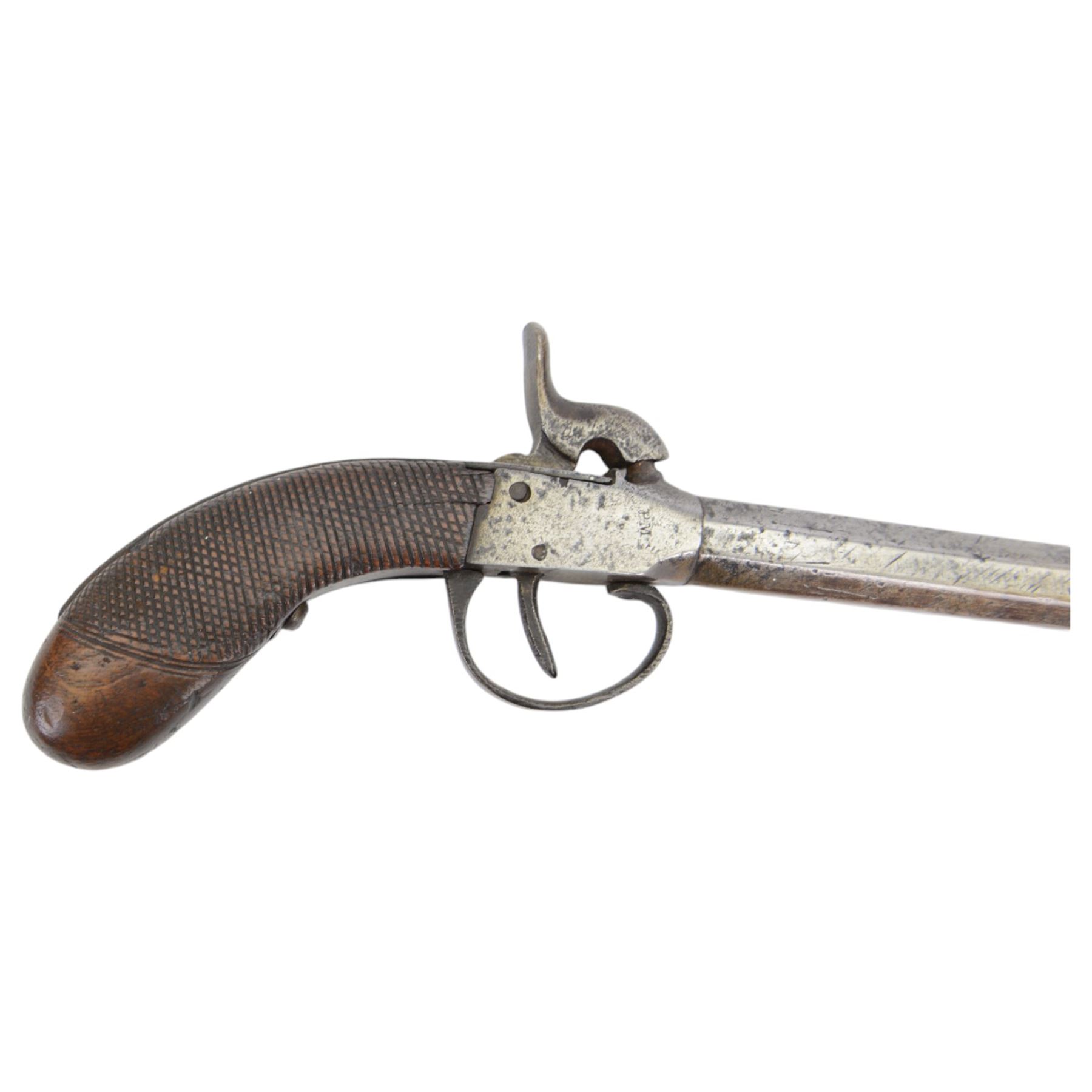 Late 19th century Belgian percussion boxlock pocket pistol, marked PM, with octagonal barrel and checkered wooden grip, L23cm
Sold as an exempt item under Section 58 (2) of the 1968 Firearms Act, to be held as a curiosity or ornament