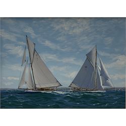 James Miller (British 1962-): 'Mariquita' & 'Tuisa' on the Solent , oil on canvas signed, titled verso 29cm x 39cm