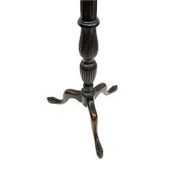 Early 20th century mahogany plant stand, carved central column, raised on three cabriole supports 