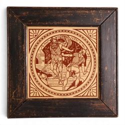 John Moyr Smith (1839-1912) for Minton: Two Aesthetic Movement, decorated with scenes from a Walter Scott Waverley novel, Kenilworth and Quentin Durward, in oak Oxford frames, together with another similar 