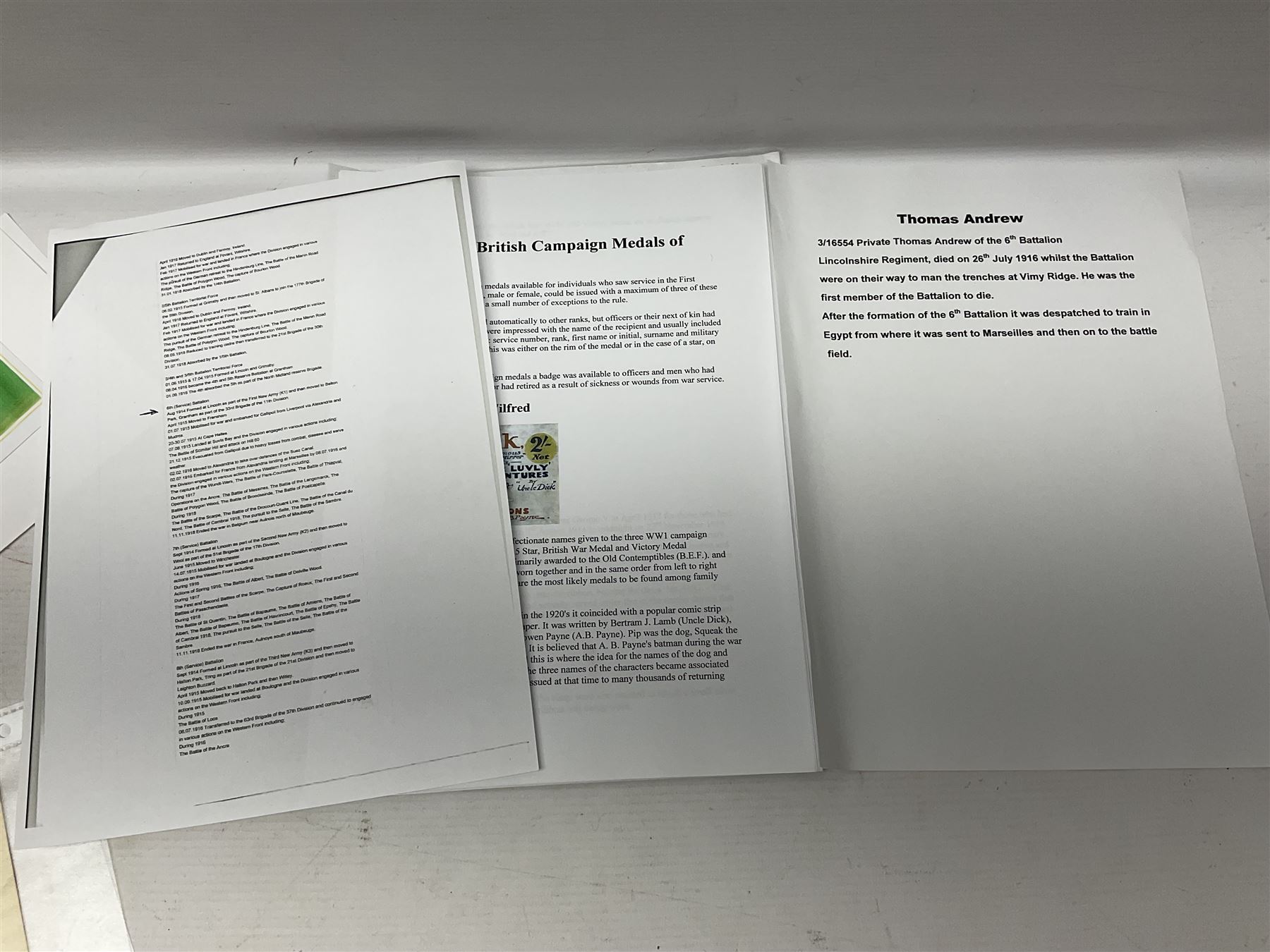 WWI group of three medals with bronze memorial plaque comprising 1914-15 Star, British War Medal and Victory Medal awarded to 16554 Pte. T. Andrew Linc. R. who died on 26th July 1916 whilst travelling to Vimy Ridge, polished and mounted for display in a frame; together with small archive of research material and two WWII V.E. Day Presentation Certificates from the people of Holbeach in Lincolnshire