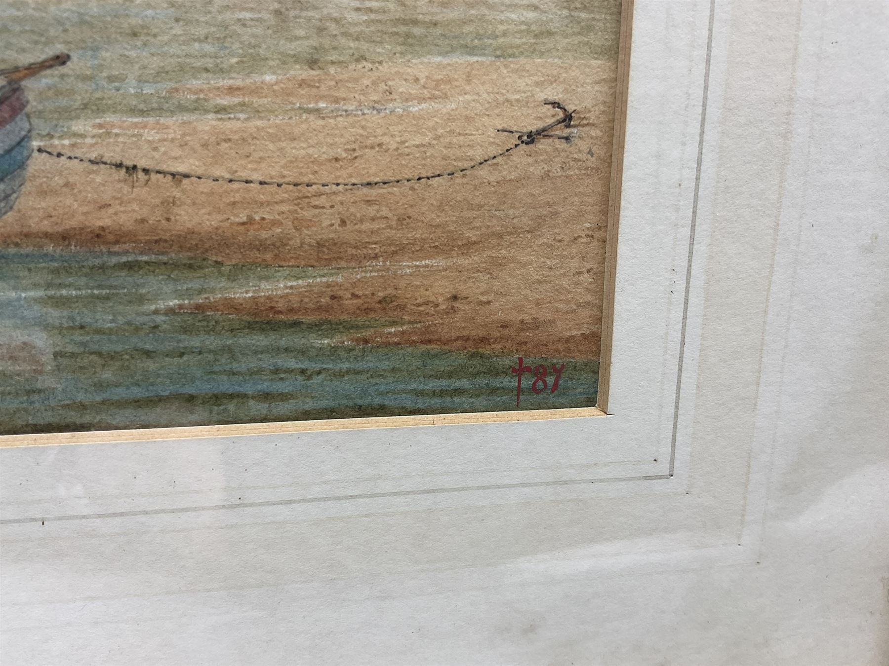 William Frederick Settle (Hull 1821-1897): Fishing Boats on the Shore at Flamborough, watercolour signed with monogram and dated '87, 22cm x 34cm