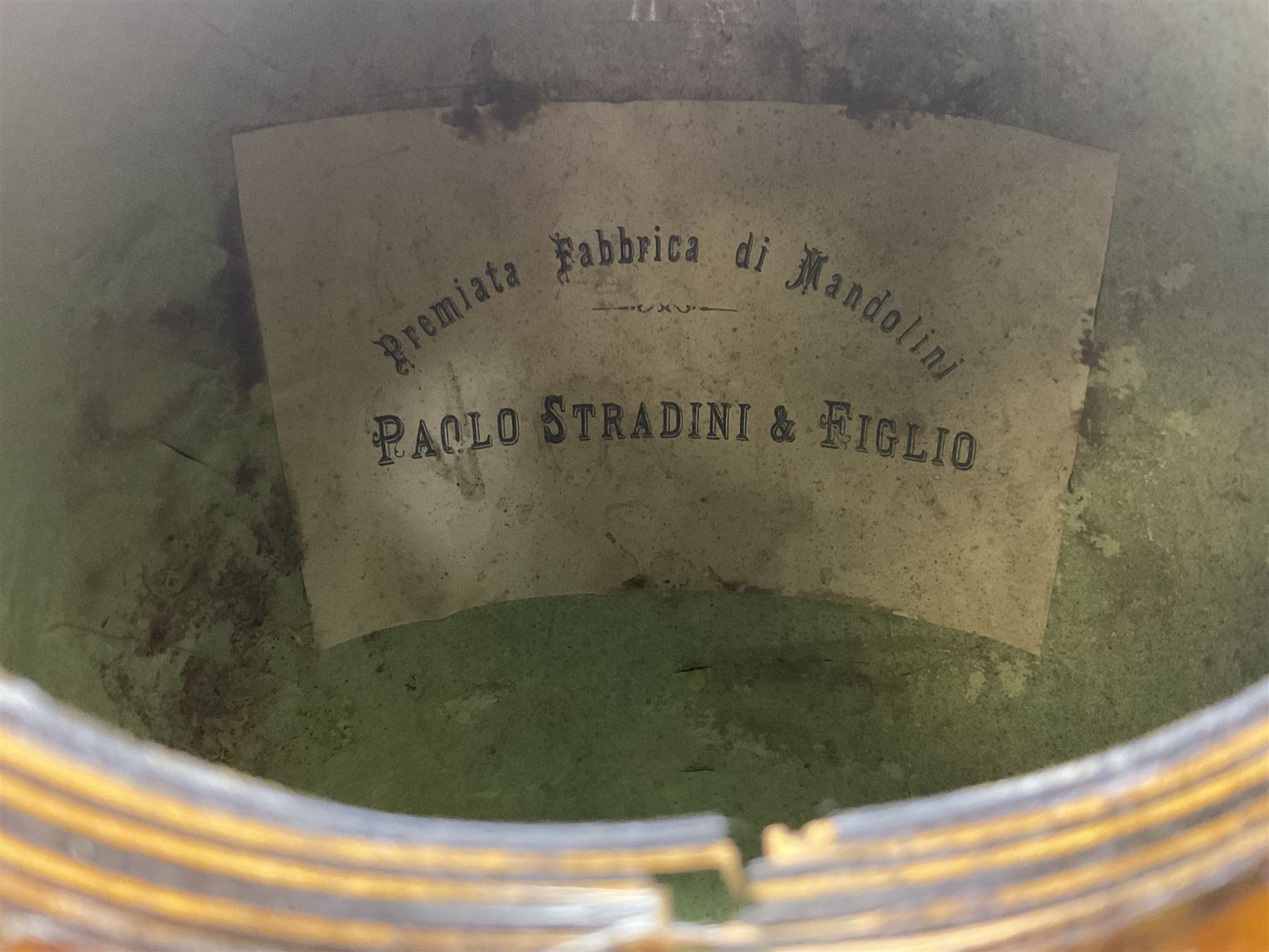 Late 19th century Italian lute back mandolin with segmented bowl back, bears label Gennaro Maglioni Napoli L61cm; in ebonised wooden case; together with another similar damaged Italian lute back mandolin for restoration or spares (2)