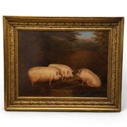 English School (Mid-19th century): Three Prize Pigs, oil on canvas unsigned inscribed 'These three pigs took first prize at Birmingham ... 1860, pigs were bred by Sir G O Wombwell and sold for £39...', undated c.1860, 54cm x 73cm
Notes: Sir George Orby Wombwell, 4th Baronet (1832-1913) (Newburgh Priory,  Coxwold, York, North Yorkshire) fought in the Crimean War (1853-1856) and took part in the Charge of the Light Brigade, before inheriting his title in 1855, and in 1861 served as High Sheriff of Yorkshire.