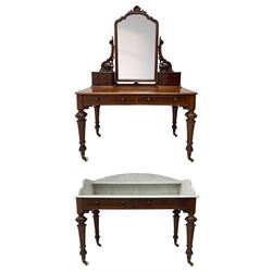  Victorian figured mahogany two-piece bedroom set - the washstand with white and black marble moulded top with arched back and raised shelf, two moulded frieze drawers, on turned and fluted supports with brass and ceramic castors (W123cm, D60cm, H102cm); the dressing table with raised swing mirror in moulded frame with shell and scroll carved pediment, on scrolled horns carved with foliage, four raised trinket drawers over moulded rectangular top, fitted with two drawers, on turned and fluted supports with brass and ceramic castors (W122cm, H177cm, D62cm)