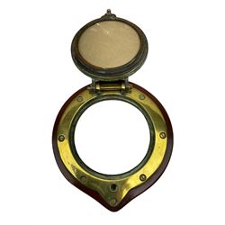 Reproduction ship's brass porthole, incorporating a photo of a boat behind glass, and mounted on a wooden back, D28cm
