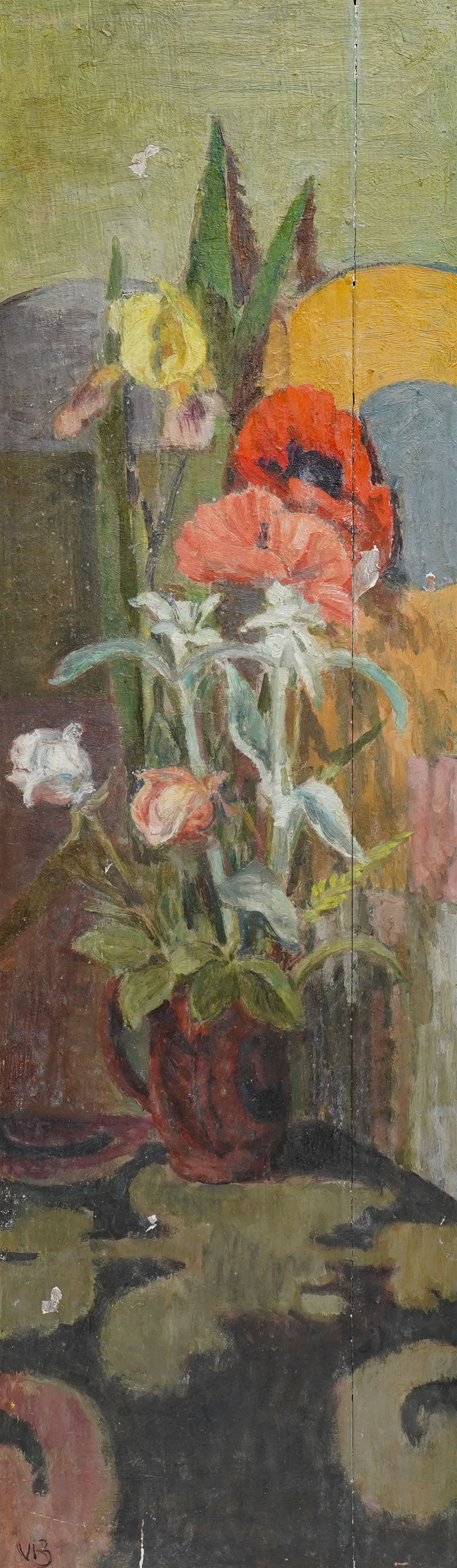 Vanessa Bell (British - Bloomsbury Group 1879-1961): Still Life of 'Poppies and Roses', oil on pine panel signed with initials, titled on gallery labels verso 92cm x 31cm
Provenance: originally from the artist’s family; exh. Anthony d'Offay, Dering Street, London; Spink, King Street, London; Meredith Long & Company, Houston, Texas.