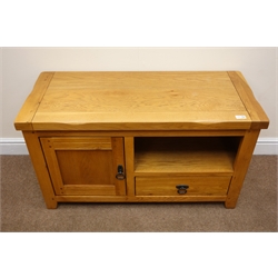  Solid oak television cabinet, single cupboard door and drawer, stile supports, W99cm, H56cm, D43cm  