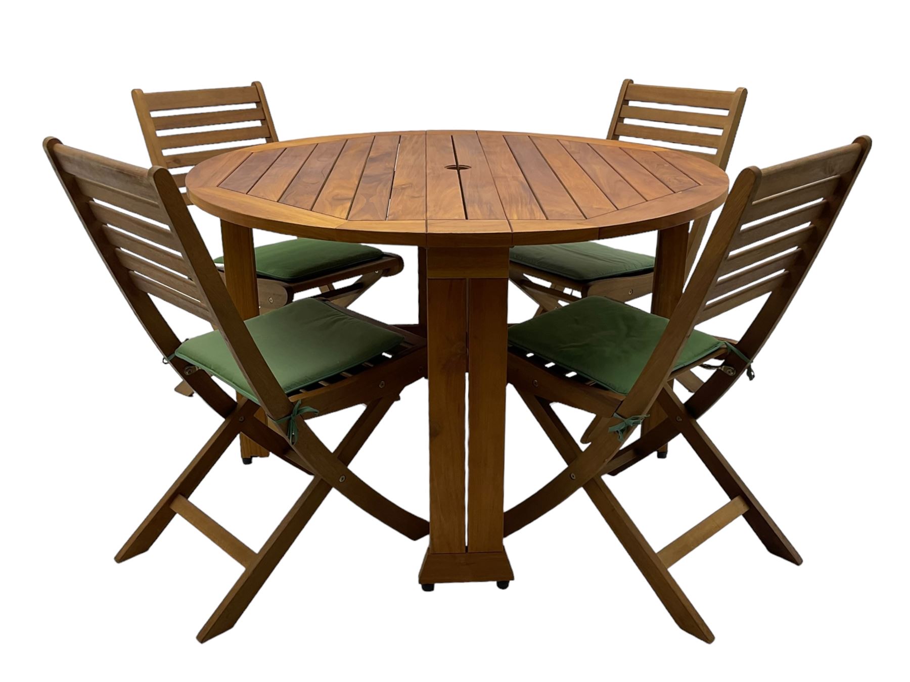 Teak slatted garden table, circular drop-leaf top (D120xm, H76cm); set of four teak slatted garden folding chairs  - THIS LOT IS TO BE COLLECTED BY APPOINTMENT FROM DUGGLEBY STORAGE, GREAT HILL, EASTFIELD, SCARBOROUGH, YO11 3TX