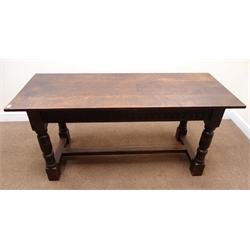  17th century style oak rectangular refectory dining table, turned supports, joined by single floor stretcher, W168cm, H76cm, D71cm  