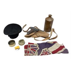 George VI 1937 Coronation flag, the central portrait and date covered with stitched panels 56 x 83cm; sailor's hat; leather holster with belt dated 1943 containing Lone Star toy die-cast Luger gun; and reproduction Stanley brass cased pocket sextant (4)