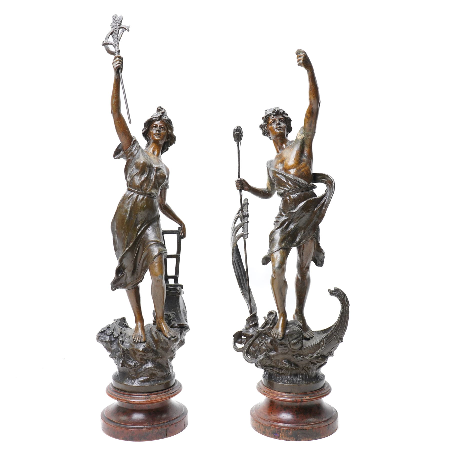 Pair of 19th century spelter male and female figures representing agriculture and fiscing on wooden bases H68cm