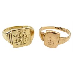 Yellow gold monogrammed signet ring and one other rose gold signet ring, both 9ct