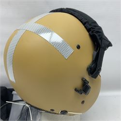 Mk.4 Flight Helmet, as used by RAF and Civilian helicopter pilots; in RAF sand colour (desert use),  fitted with cloth visor cover and working boom mike; has had a complete refit and is bench tested.