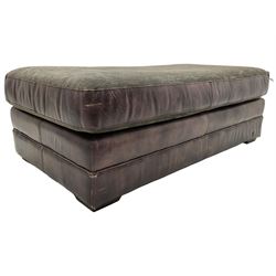 Large Knole design three-seat sofa upholstered in brown leather with scatter cushions upholstered in contrasting striped and Union Jack patterned fabric, on block feet (W210cm, H100cm, D102cm); together with matching rectangular footstool (135cm x 75cm, H45cm)