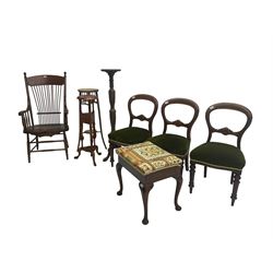 Mahogany washstand; Hepplewhite design torchiere; early 20th century plant stand, stick back open armchair; set three Victorian mahogany balloon back dining chairs; early 20th century cabriole piano stool (8)