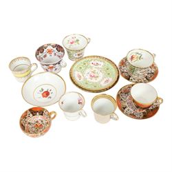 Group of 19th century tea and coffee wares, comprising two Davenport Imari 3545 pattern tea cups and saucer, one example upon three stylised bun feet, H5.5cm, a pair of Chamberlain's Worcester cabinet cups and saucers, hand painted with reserves of floral sprays and sprigs against an apple green ground, H7cm, a large size Chamberlain's Worcester cup and saucer with Imari type decoration and cobalt blue band to rim, H7.5cm, Chamberlain's Worcester cup and saucer with moulded floral band detail, and two further cups