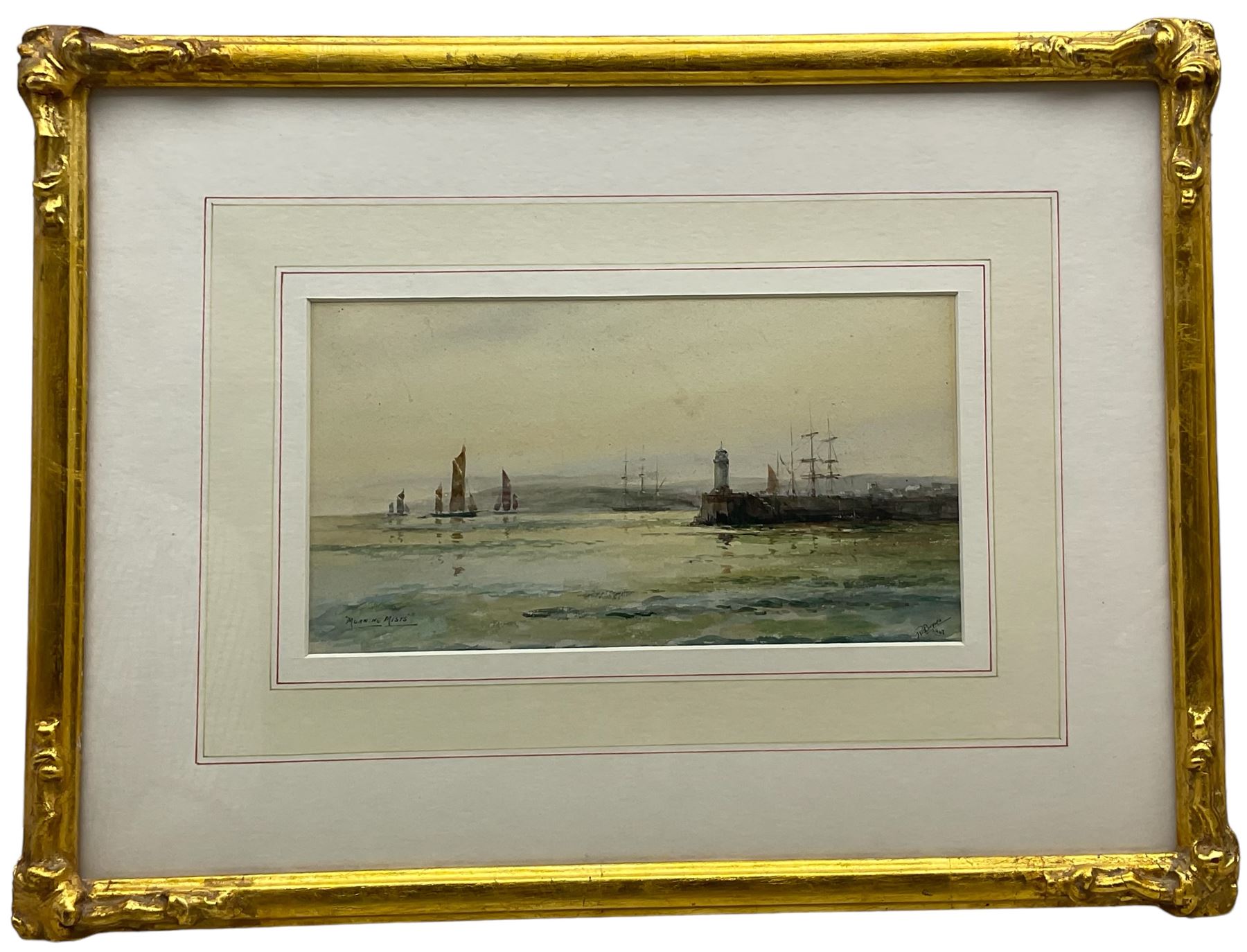 John Hamilton Glass (Scottish 1820-1885): Dutch Fishermen on the Shore, watercolour signed 24cm x 34cm; Manner of Henry Barlow Carter (British 1804-1868): Boats Unloading on the Shore, watercolour unsigned, various labels verso 17cm x 24cm; R Bayles (British 20th century): 'Morning Mists', watercolour signed titled and dated 1947, 14cm x 26cm (3)