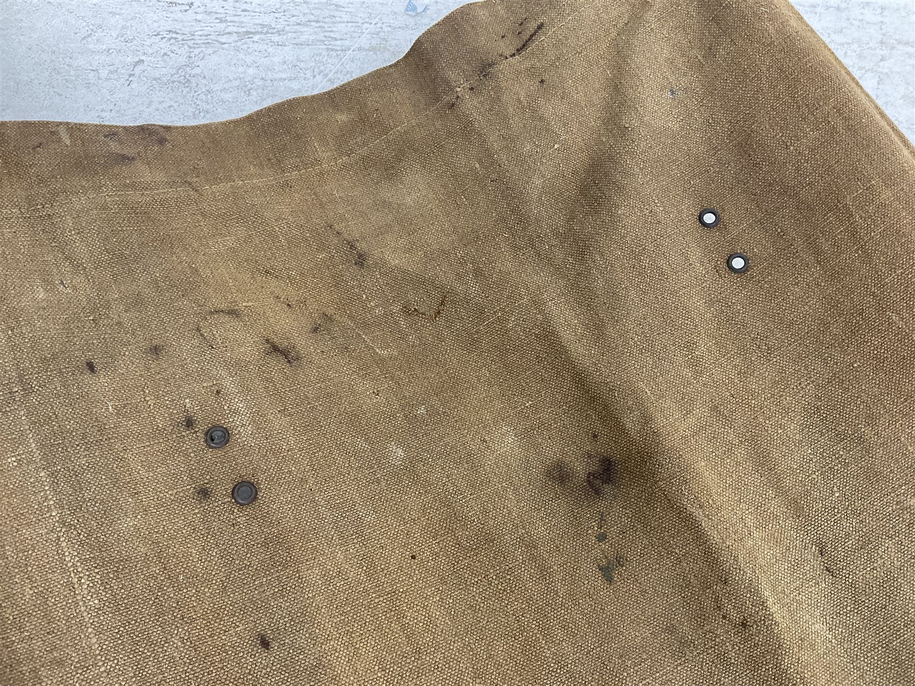 WW1 British casualty stretcher with iron mounted pitch pine sides and canvas base; stamped 'HL1917' and L7 with broad arrow in a triangle L236cm ( reputedly recovered from a barn at Bapaume on The Somme)