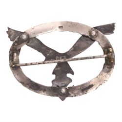 WWII German Third Reich Pilot's silver breast badge, marked on reverse for 800 standard and maker C.E Junker 