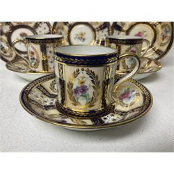 Paragon thee coffee cans and saucers, painted in gilt and colours with flowers, Paragon set of six coffee cups and saucers, 'Reproduction of Service accepted by Her Majesty Queen on her visit to the potteries, with three matching saucers