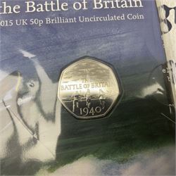 Mostly commemorative coinage, including various Queen Elizabeth II United Kingdom brilliant uncirculated fifty pence, two pound and five pound coins in card folders, The Royal Mint United Kingdom 2012 proof coin set, Alderney 2021 'Royal National Lifeboat Institution' five pound coin cover in Harrington and Byrne folder etc