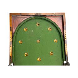 19th century mahogany cased bagatelle board, hinged case opening to reveal baize playing surface 