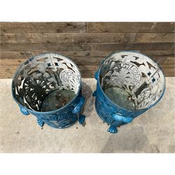 Pair of blue painted cast iron garden bins