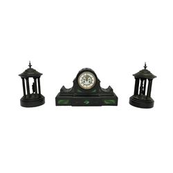 French- Black Belgium slate 8-day Victorian mantel clock  and garnitures with with malachite inlay, drum cased movement with volutes curved supports to the sides, two-part enamel dial with Roman numerals, moon hands and a visible Brocot escapement, striking movement, striking the hours and half-hours on a bell, with matching portico garni in the form of a Roman temple. With pendulum.