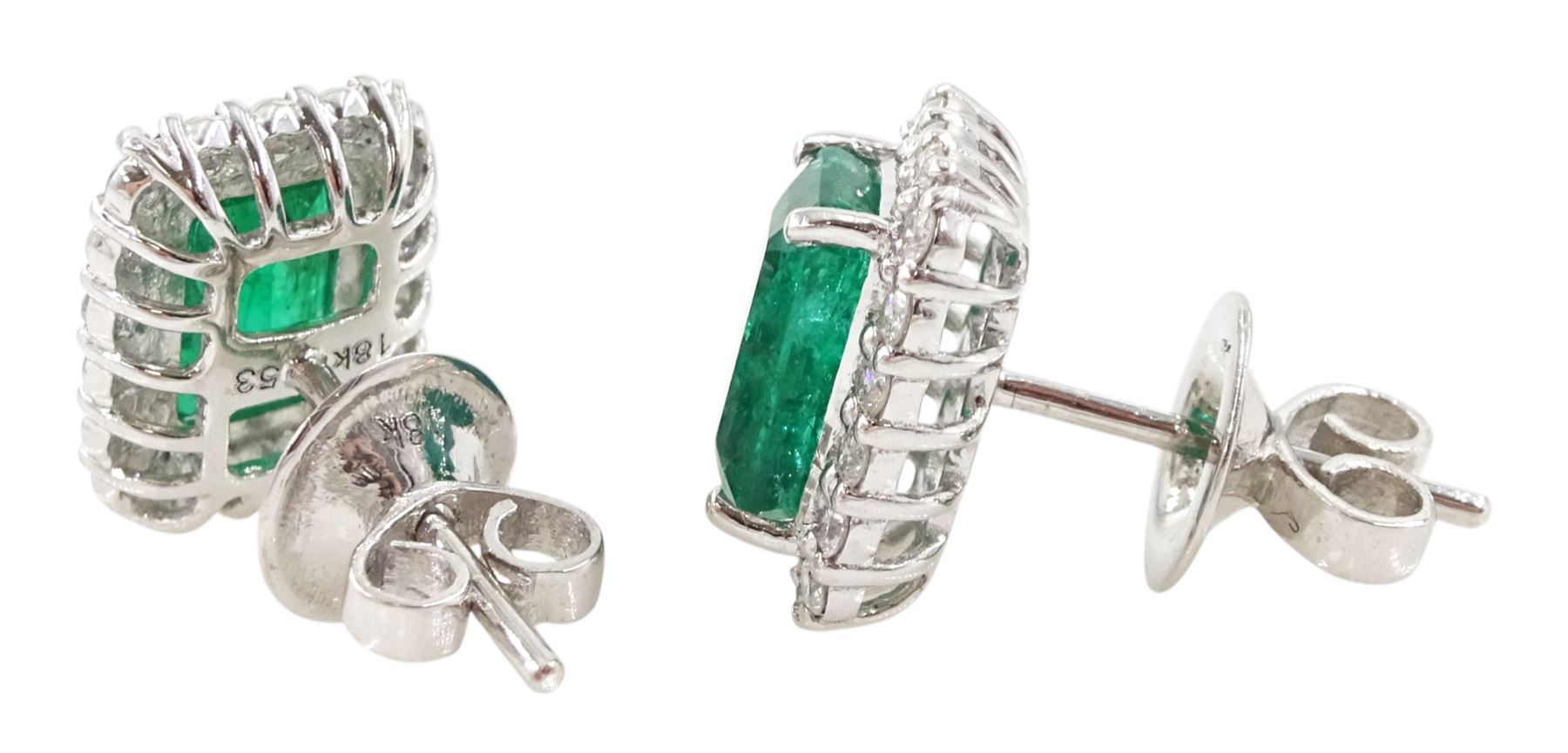 Pair of 18ct white gold octagonal cut emerald and round brilliant cut diamond stud earrings, stamped, total emerald weight approx 3.00 carat