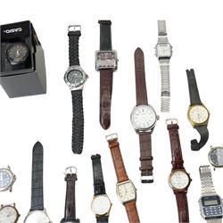 Collection of wristwatches including Casio and MG and an early 20th century gilt brass bedside timepiece, cased