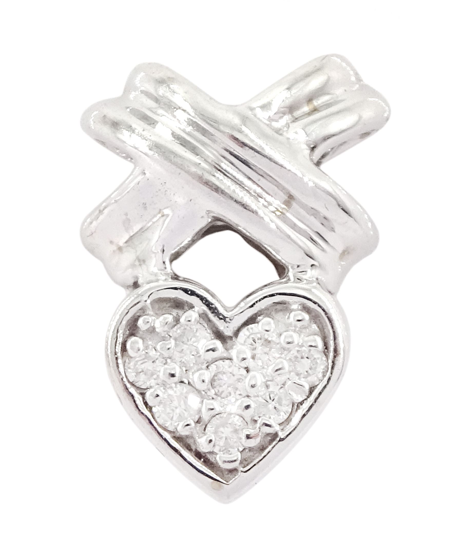 14ct white gold heart and cross pendant, pave set with round cut diamonds, stamped