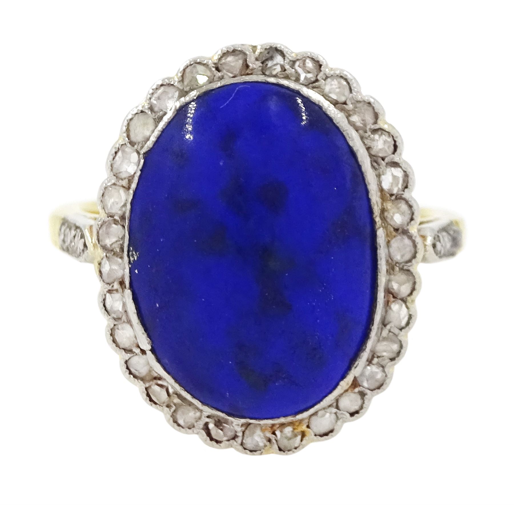 Early - mid 20th century 18ct gold and platinum lapis lazuli and diamond cluster ring, oval cut lapis lazuli surrounded by milgrain set rose cut diamonds, with diamond set shoulders
